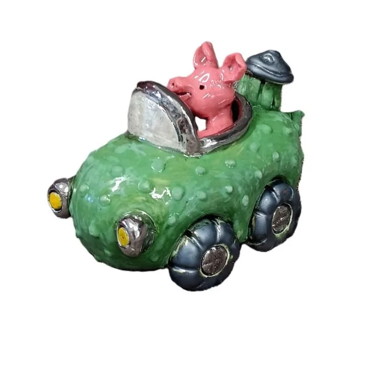 |sold| Richard Scarry piockle car, white clay with platinum luster, fired to cone 05