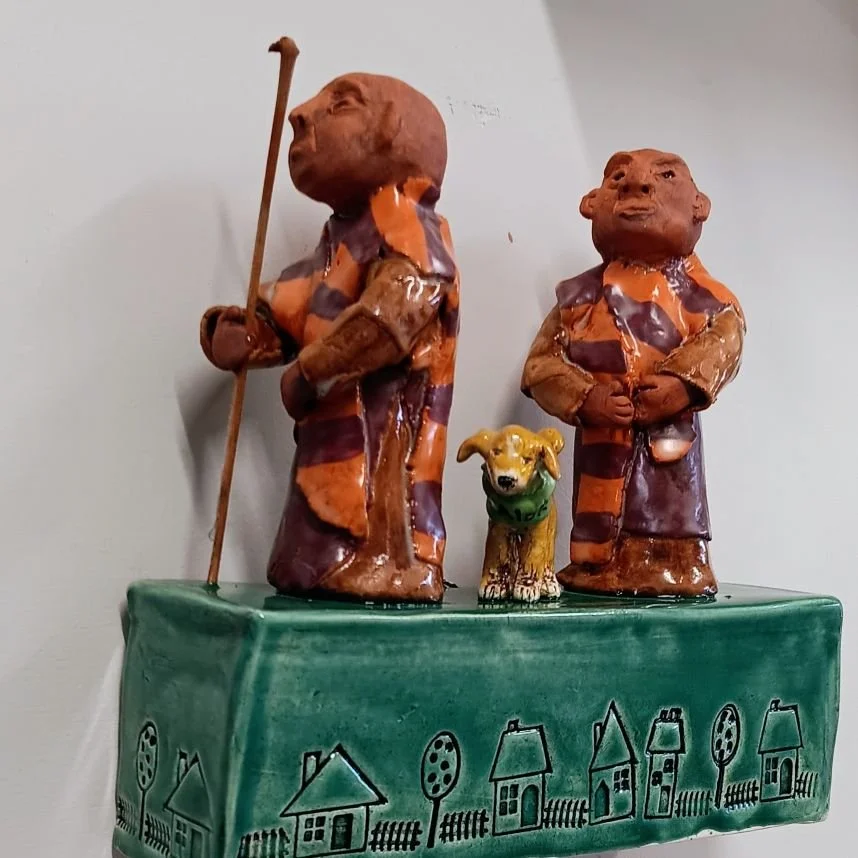 |SOLD| Walk for Peace monks, group with dog, red earthenware clay fired to cone 05
