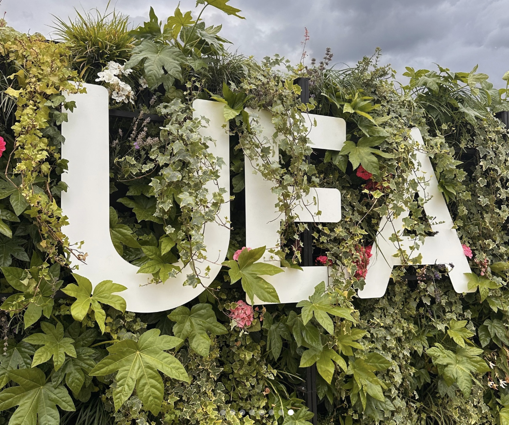 A sign with large white letters spelling 'USA' is surrounded by green foliage, including ivy and other plants, on a cloudy day.