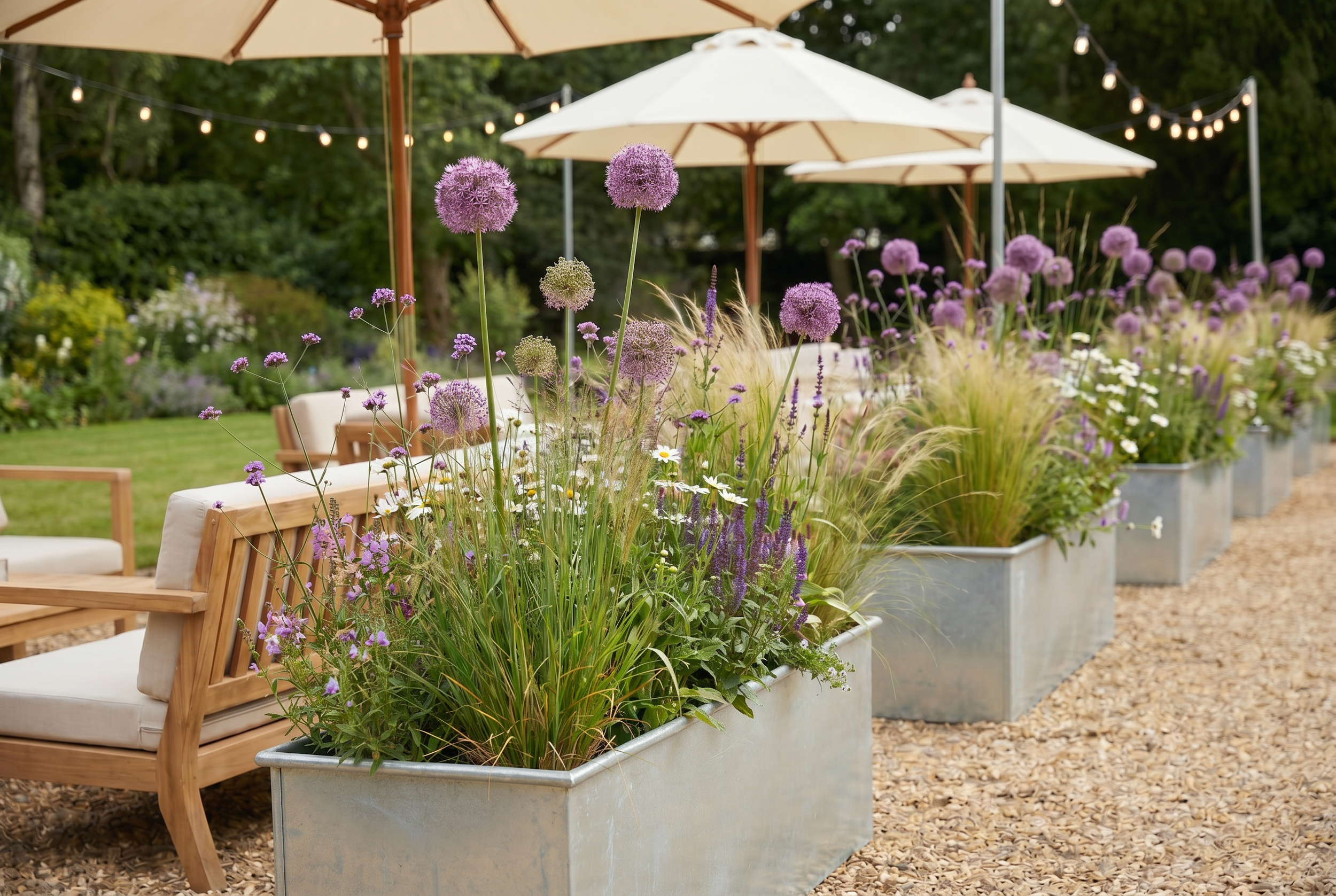 Outdoor seating area with white cushioned chairs and tables, surrounded by large planters filled with purple and white flowers, including allium and daisies. There are beige patio umbrellas and string lights, with a lush green tree background on a gravel ground.