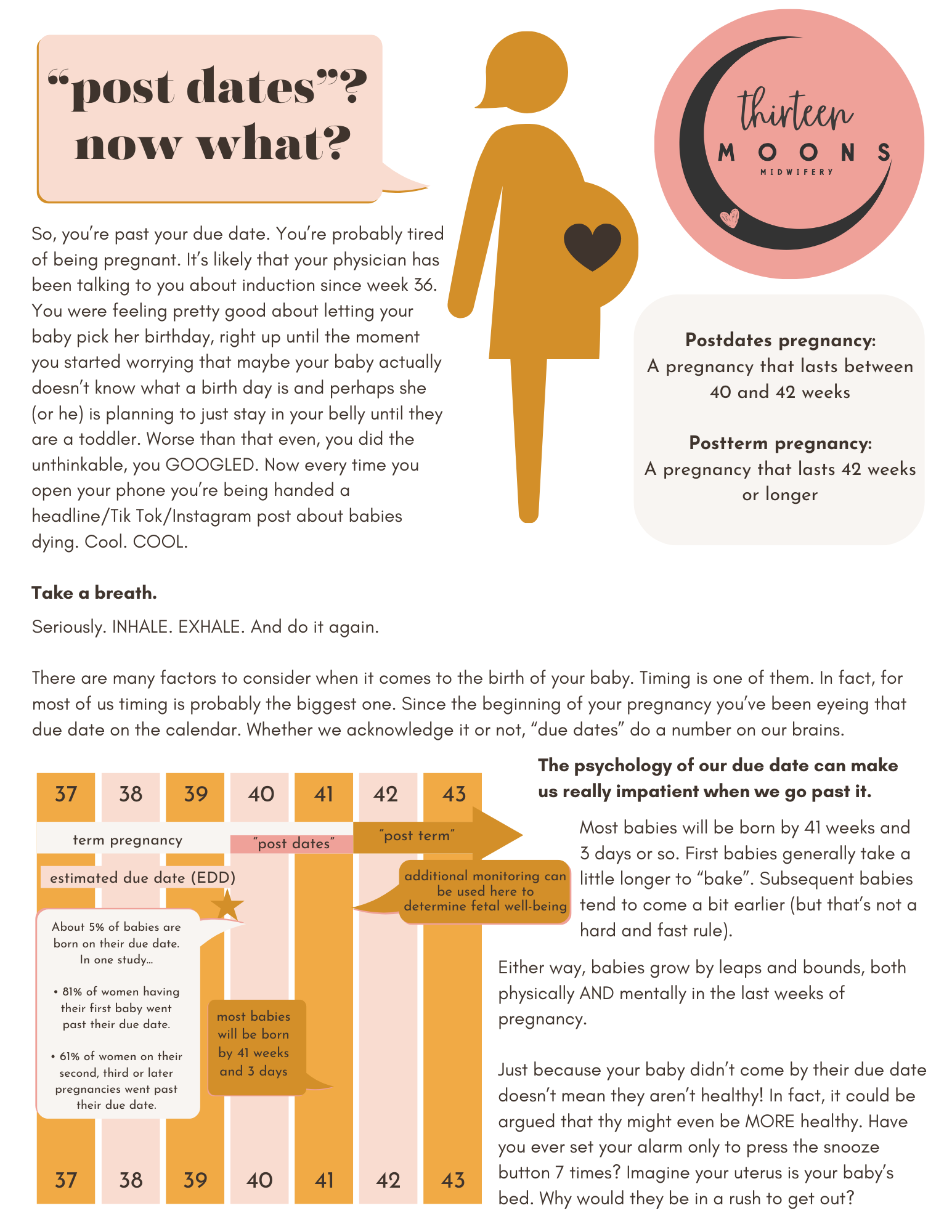 An infographic about pregnancy due dates, featuring an illustrated pregnant woman with a heart on her belly, a pink circle with a crescent moon and the text "thirteen moons midwifery," and text explaining postdates pregnancy, postpartum pregnancy, and factors influencing baby birth timing.