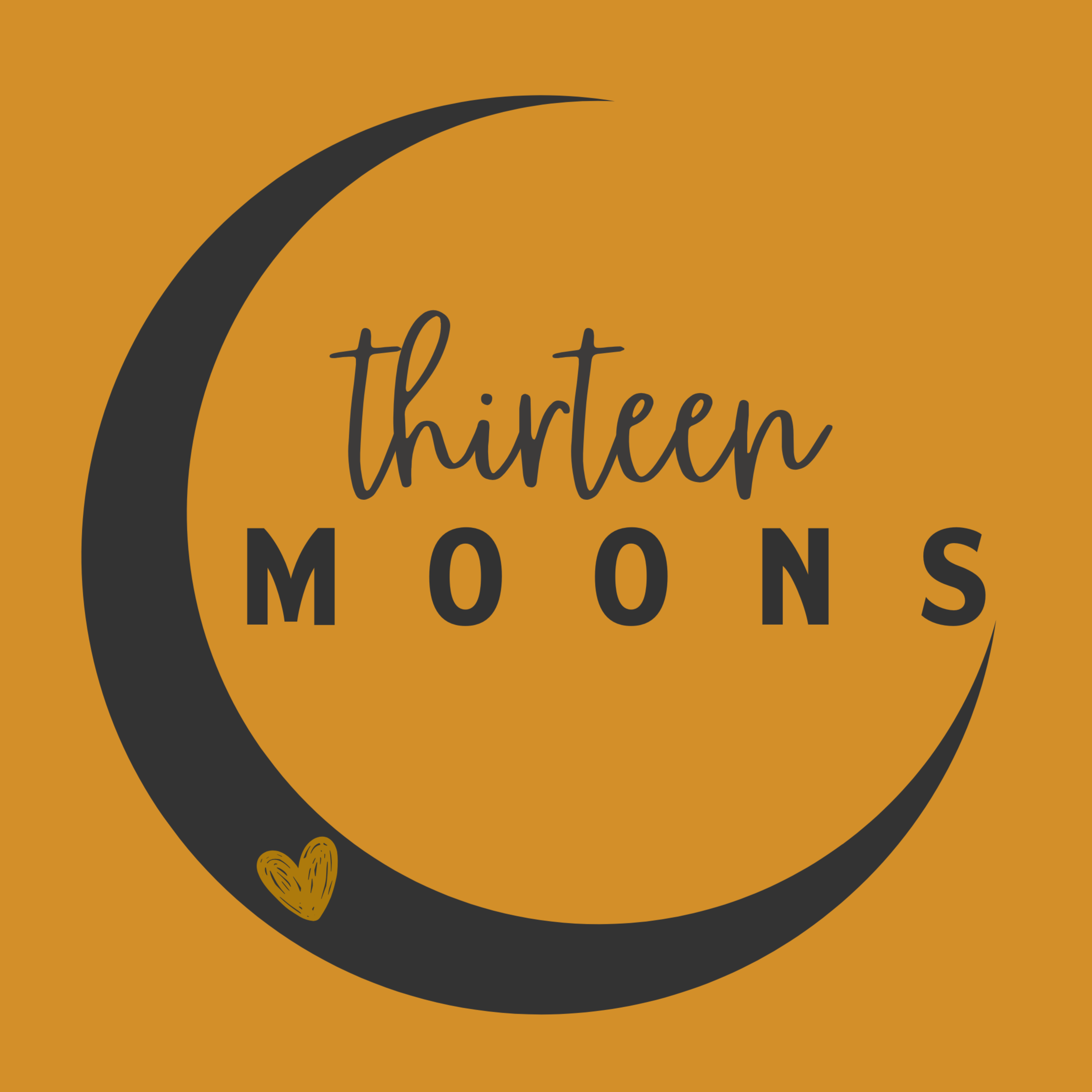 Illustration of a black crescent moon with a small gold heart at the bottom, against an orange background, with the text "thirteen MOONS" in black and cursive