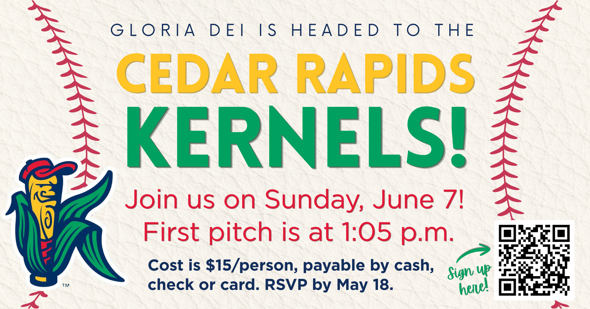 Event flyer for Cedar Rapids Kernels baseball game, featuring a cartoon baseball character, event date and details, a QR code for sign-up, and decorative baseball stitching on the background.