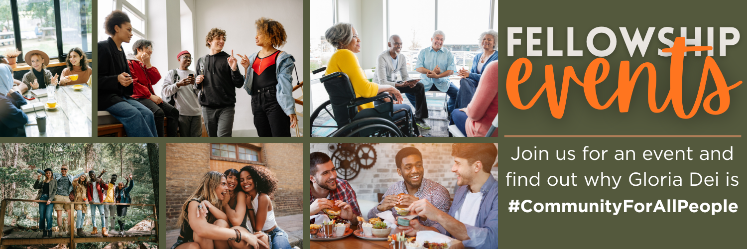 Collage of diverse people attending community fellowship events, including sitting at a table talking, group hike, outdoor photos, and others socializing.