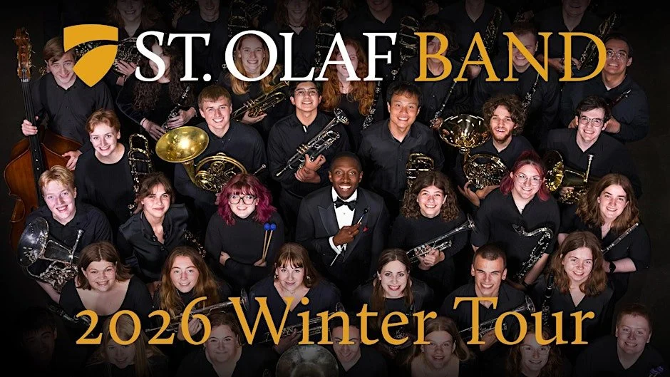 Group photo of the St. Olaf Band members dressed in black, holding musical instruments, with text overlay: 'St. Olaf Band 2026 Winter Tour'.