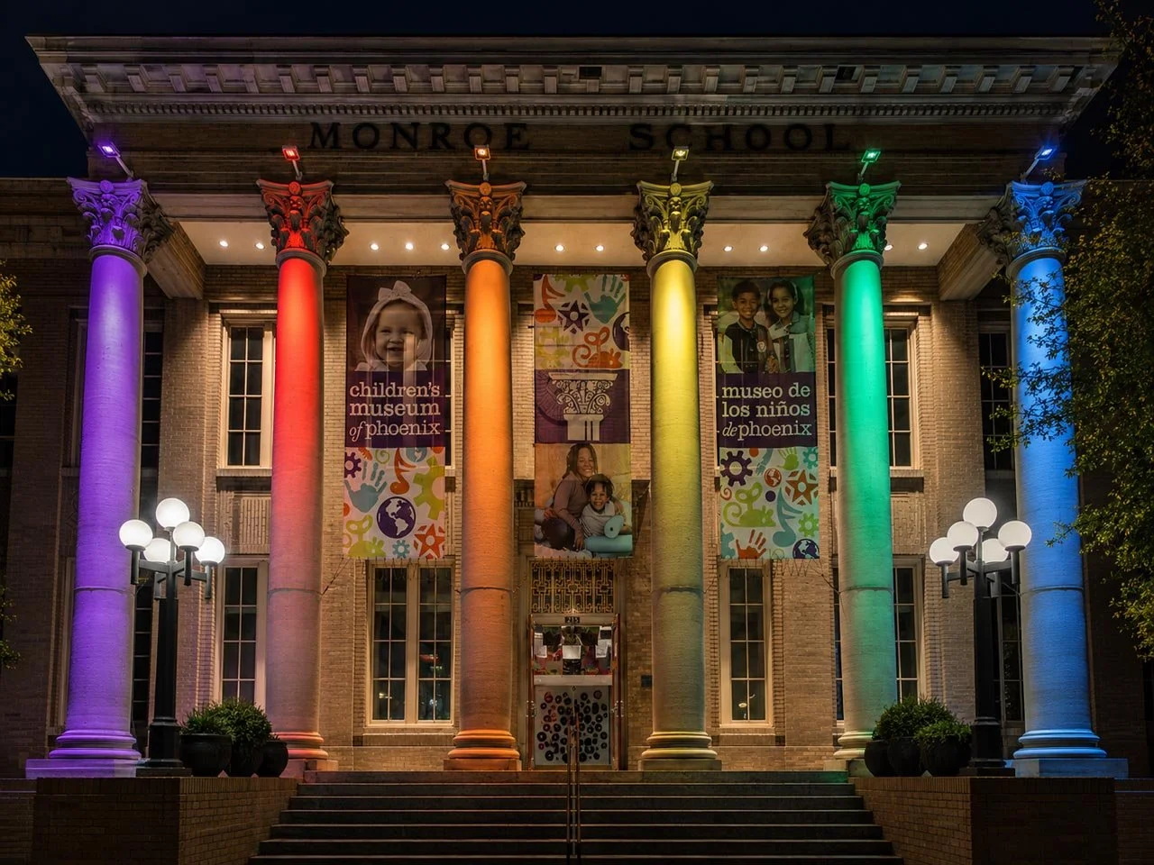 childrens-museum-of-phoenix-monroe-school-exterior-night-rainbow-columns.jpg