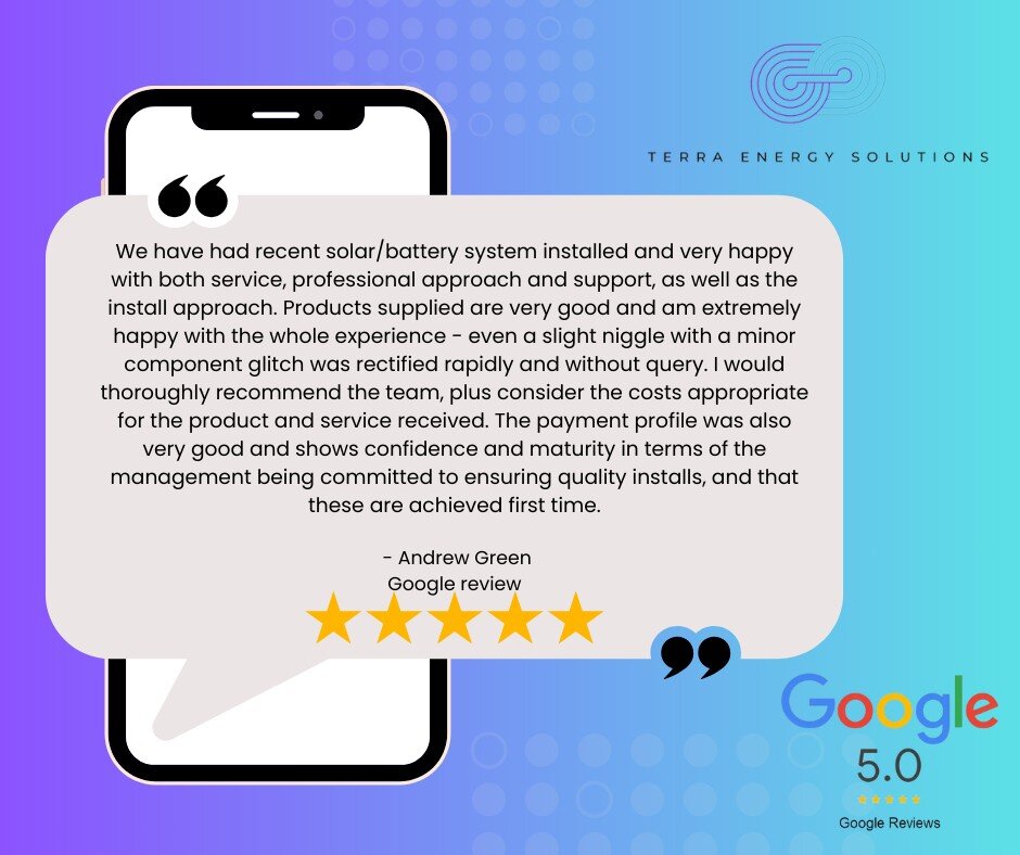 🌟 Andrew's 5-star review says it all: Exceptional service, quality products, and a team that's there for you every step of the way. Ready for top-tier solar solutions? Let's get started.

#TerraEnergySolutions #SolarSolutions #CustomerSatisfaction #