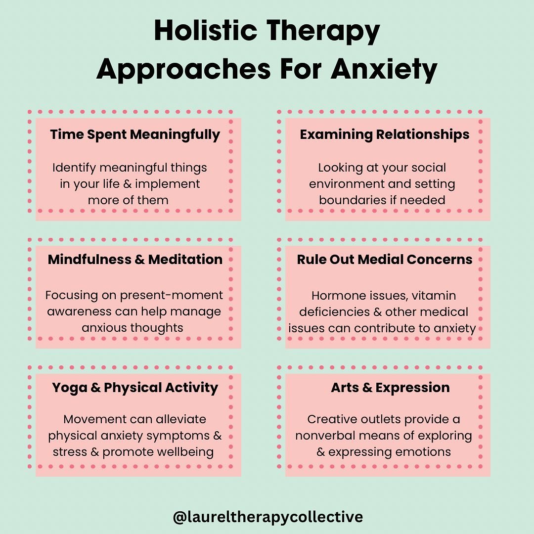 Holistic therapy approaches consider how the mind, body and spirit intersect to impact a person&rsquo;s overall sense of well-being. When it comes to anxiety, there are many different causes and many different ways to alleviate symptoms. Holistic the