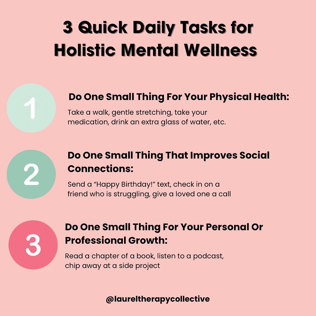 Keeping up with daily wellness routines and tasks can sometimes feel daunting! By simplifying your goals to addressing 3 elements of holistic wellbeing, we can make our personal to-do list feel more manageable. 

#holistichealth #holisticmentalhealth