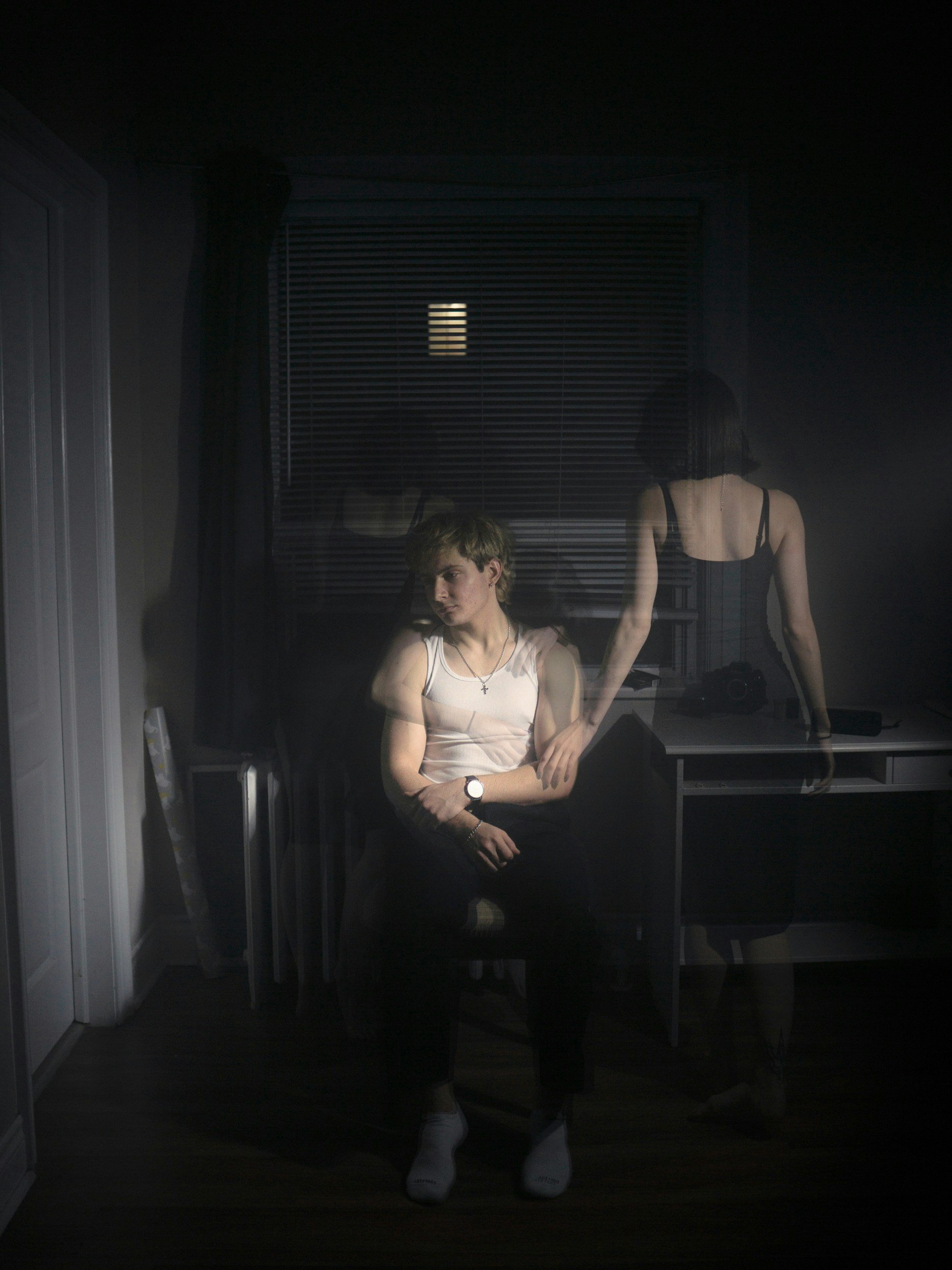 stylized multi-exposure photo of couple looking disconnected and sad representing the confusion of the hope and despair cycle in narcissistic relationships in Los Angeles