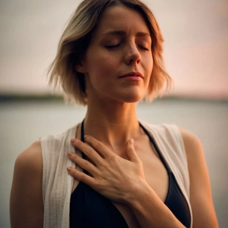 Woman with hand on chest practicing somatic awareness in holistic therapy in Santa Cruz
