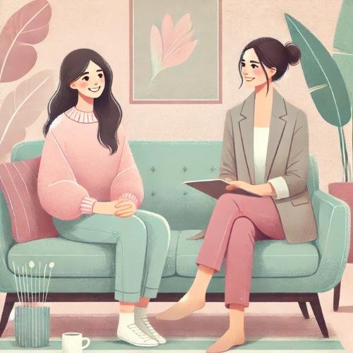 a stylized image of an emdr therapist in los angeles and san francisco, seated and talking with a client. we offer emdr therapy, holistic therapy, and couples therapy in la & SF