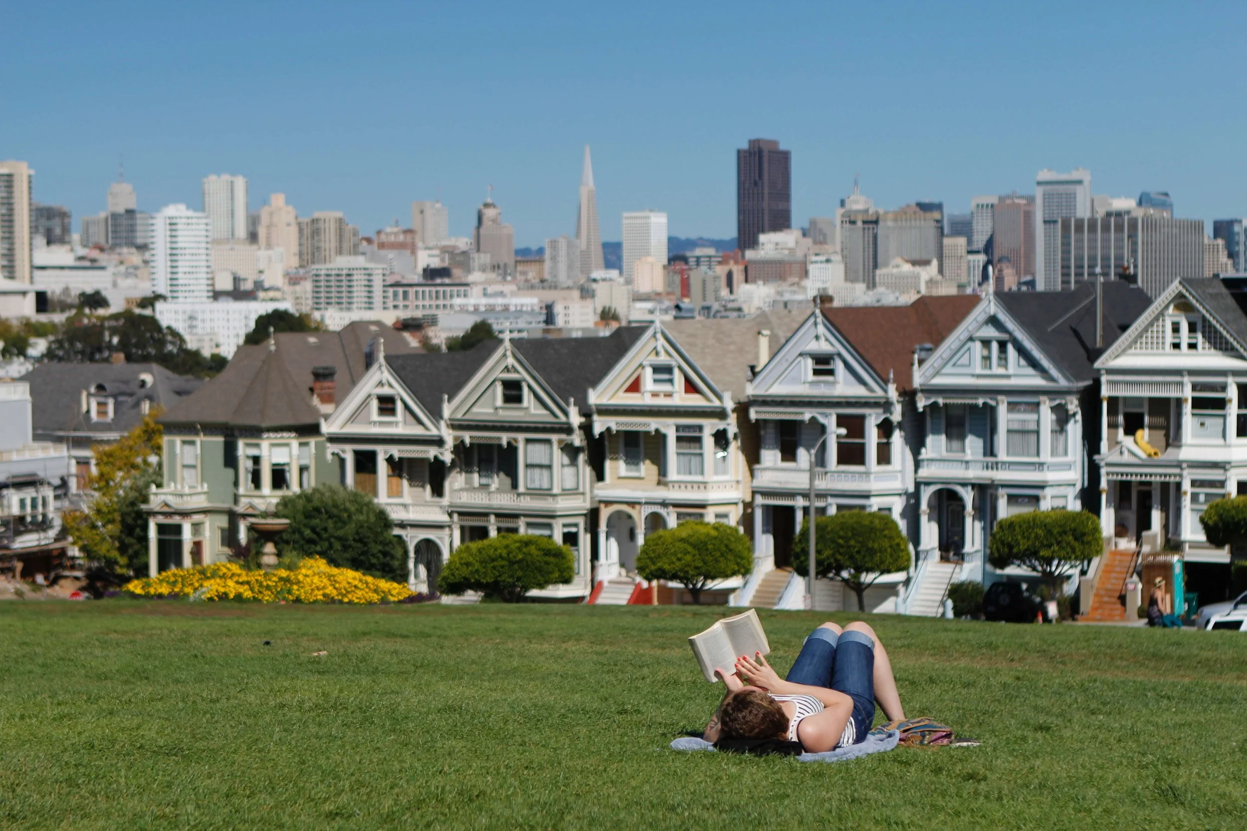 a person reading a book lying in the grass in front of a row of san francisco painted lady houses representing the ease gained from working with a great emdr therapist in san francisco