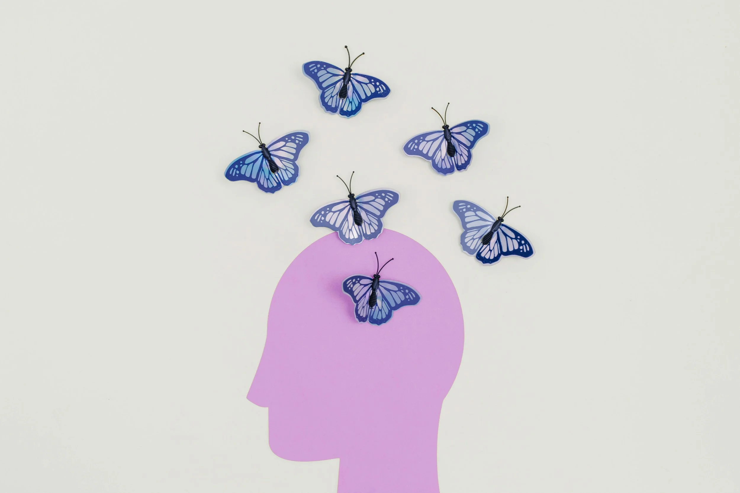 a purple cutout of a head with blue butterflies flying out of it representing the steadiness many clients describe after EMDR therapy reprocesses stuck memories