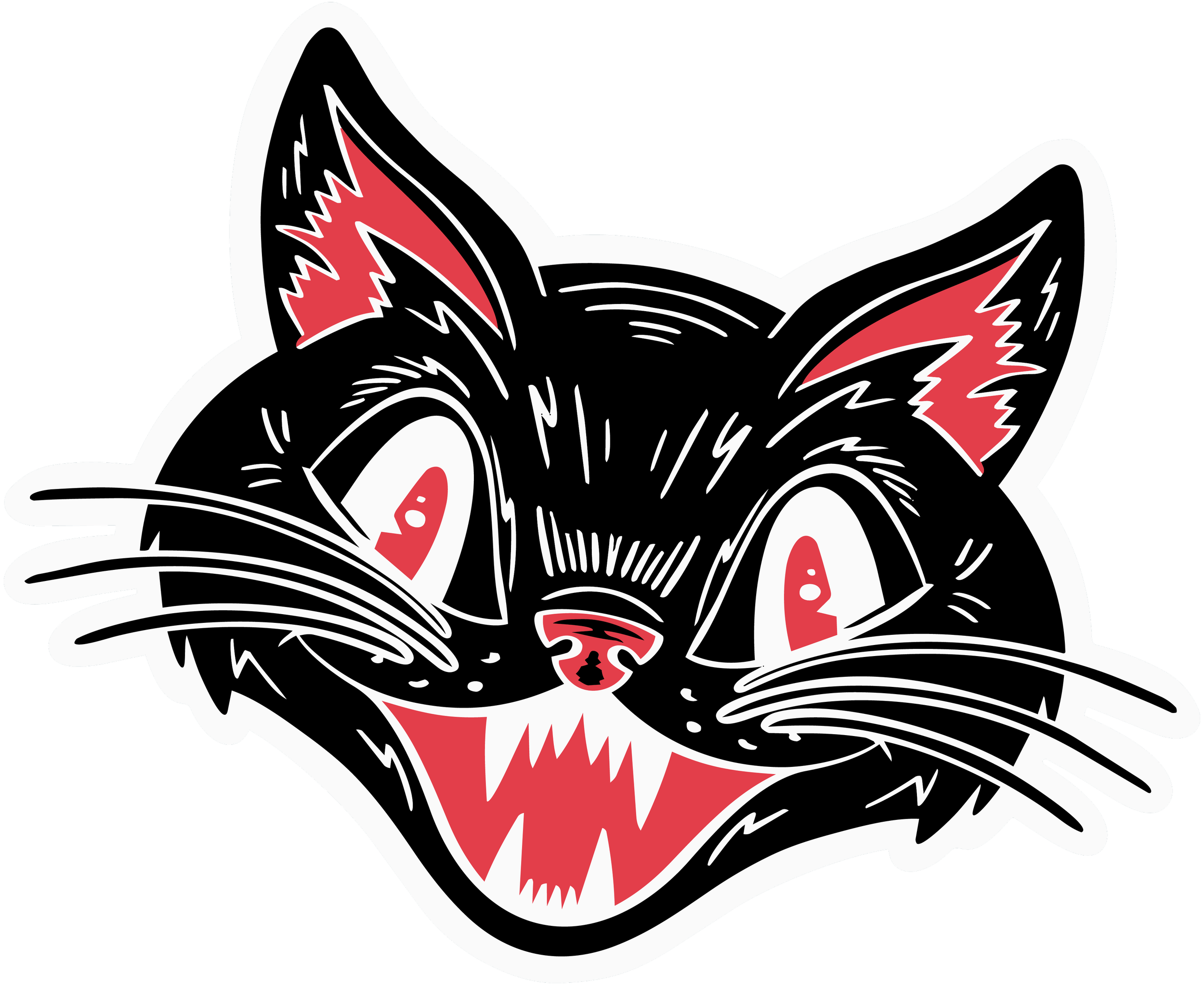 Illustration of a black cat's face with exaggerated features, red eyes, and sharp teeth, in a graphic, cartoon style on a black background