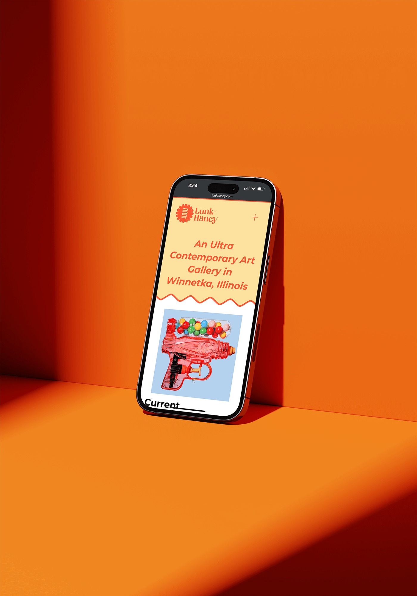 Smartphone displaying an art gallery website with colorful artwork on an orange background.