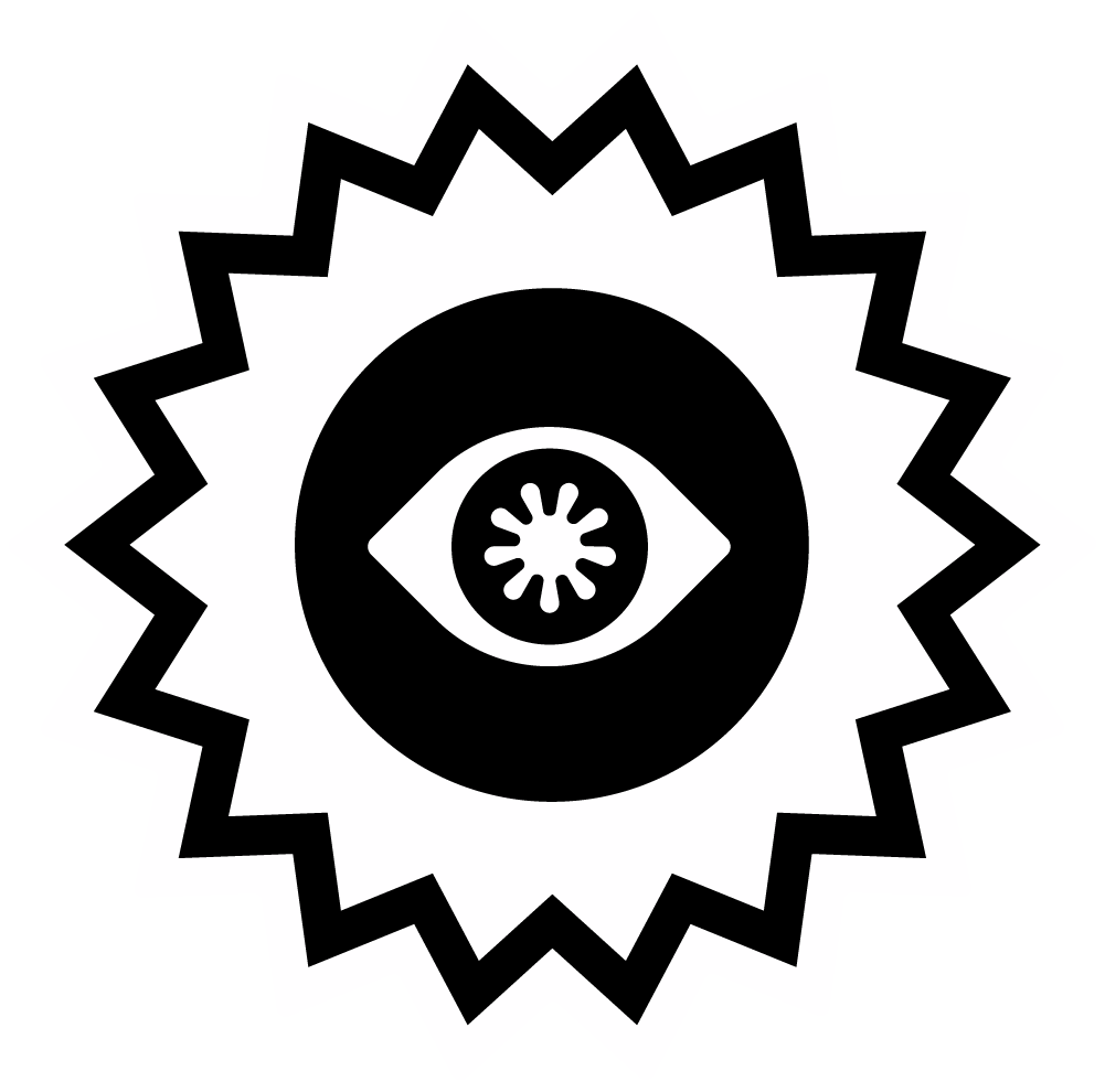 A stylized eye with a snowflake inside it, surrounded by a jagged, starburst-shaped border.
