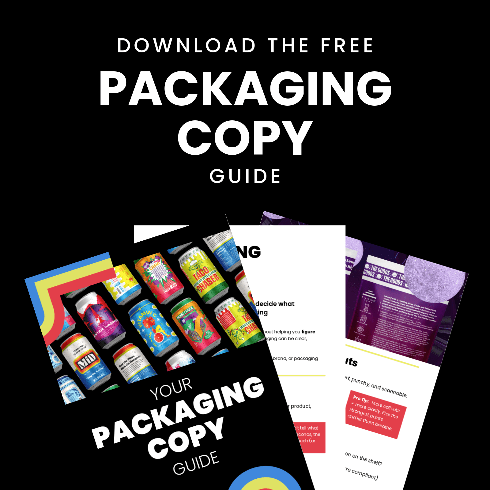 Image of a guide titled 'Download the Free Packaging Copy Guide' featuring colorful product bottles and packaging examples.
