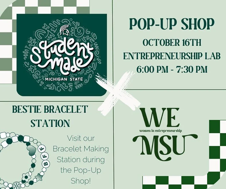 Join us October 16th @6pm in the Entrepreneurship Lab in collab with @msu_we for an exciting Pop up shop!! 

Swipe right to see the creators that will be at pop up💚