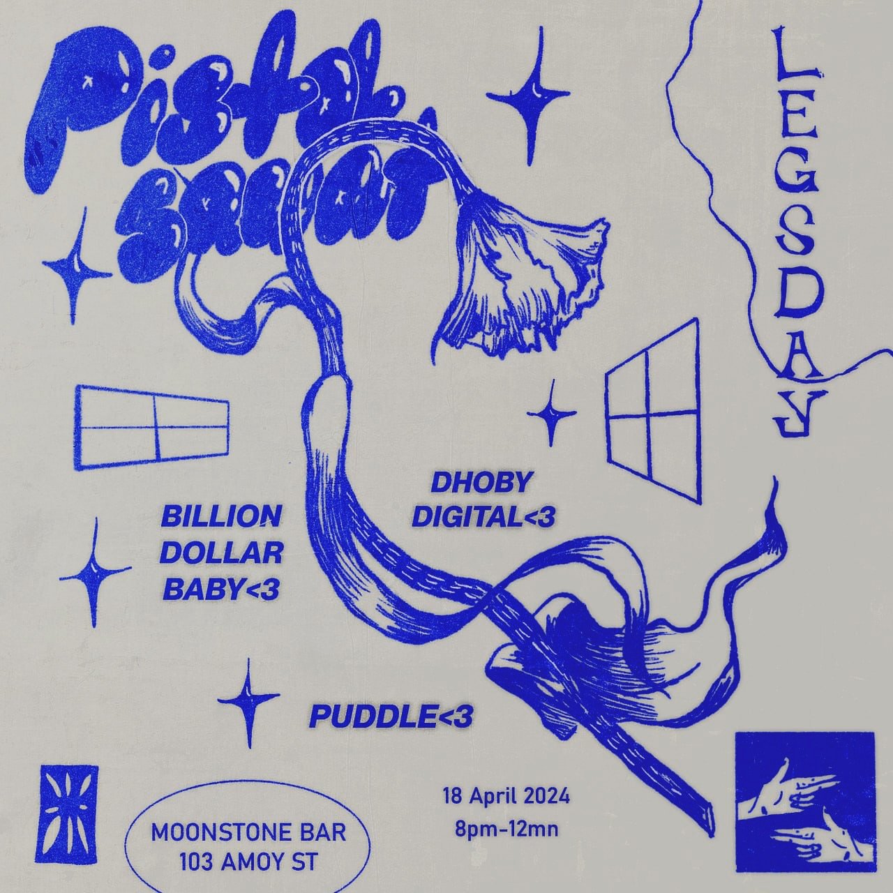 Pistol Squat!! Legs Day with Puddle, dhoby digital, and Billion Dollar Baby (aka gthb) 

Next Thursday! Come get your Legs Day workout at Moonstone! They playing breaks beats ambient bass n left field!! fk around n find out !! Chyeah!!

Artwork by : 