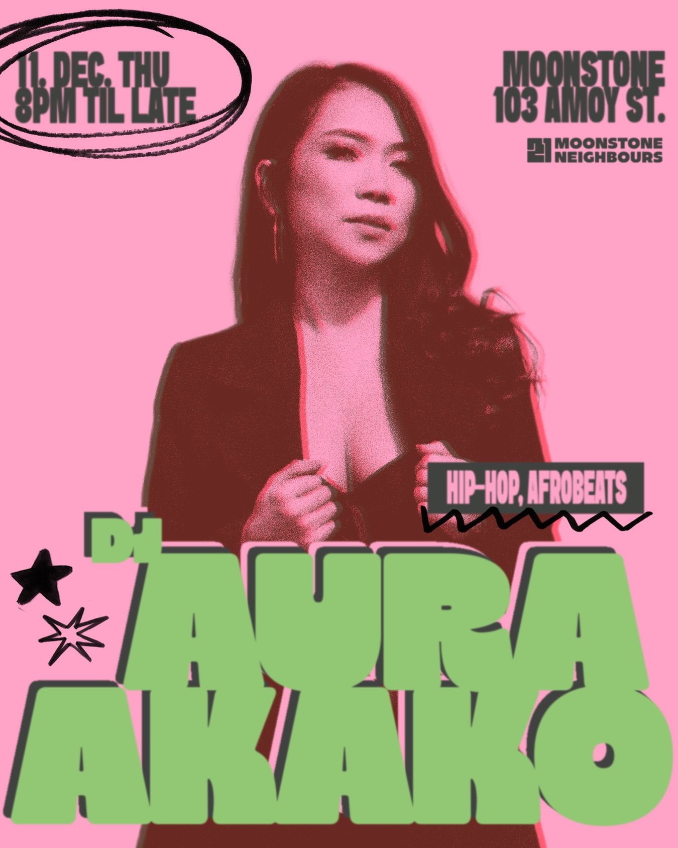 For one night only, we&rsquo;re switching Thursday back on. A little nod to old-school Moonstone when DJ Nights on Thu and Sat were a thing.

This week, Aura Akako (ID) jumps on our decks all the way from Indonesia for a one-night takeover&mdash;lean