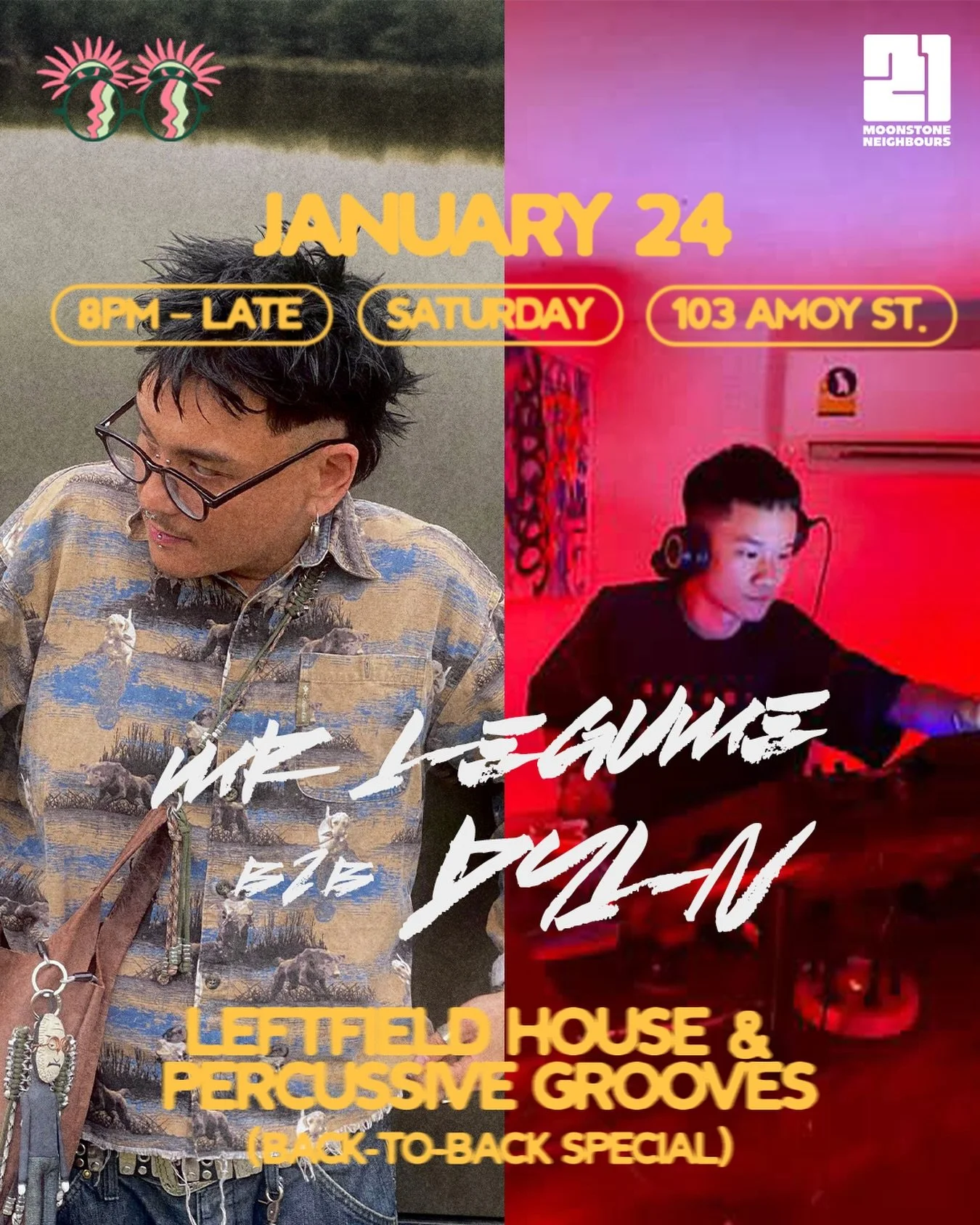 First B2B of the year. Two brains, one groove. We&rsquo;re opening the floor wide and letting two minds steer it as one.

Mr Legume &times; DYLN run the all-nighter at Moonstone this Saturday, 24 January. 

Mr Legume goes weird, whimsical, a little d