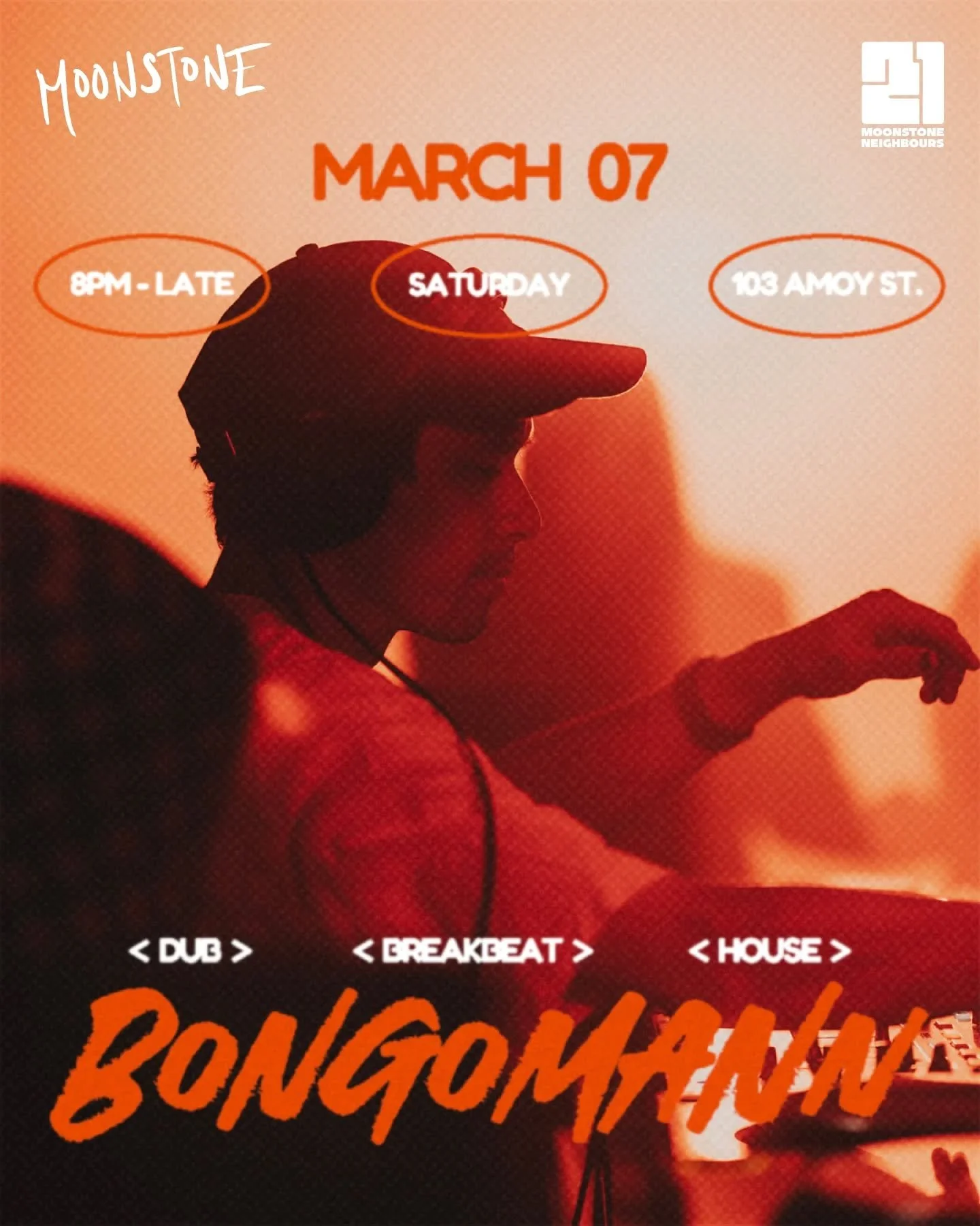 Cancel your quiet Saturday &mdash; we&rsquo;ve got better plans.

Bongomann (@bongomann_)Singapore selector and producer repping Super Enjoy, Offtrack, Ice Cream Sundays and Sunda Festival &mdash; slides into Moonstone with a genre-fluid set built fo