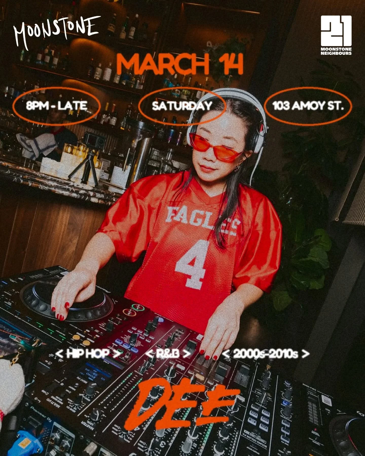Saturday nights are best spent a little loose at Moonstone.

Good drinks flowing, lights a little lower, and the room slowly filling up as the night unfolds. This week, Dee takes over the decks with smooth R&amp;B &amp; hip-hop grooves to keep things