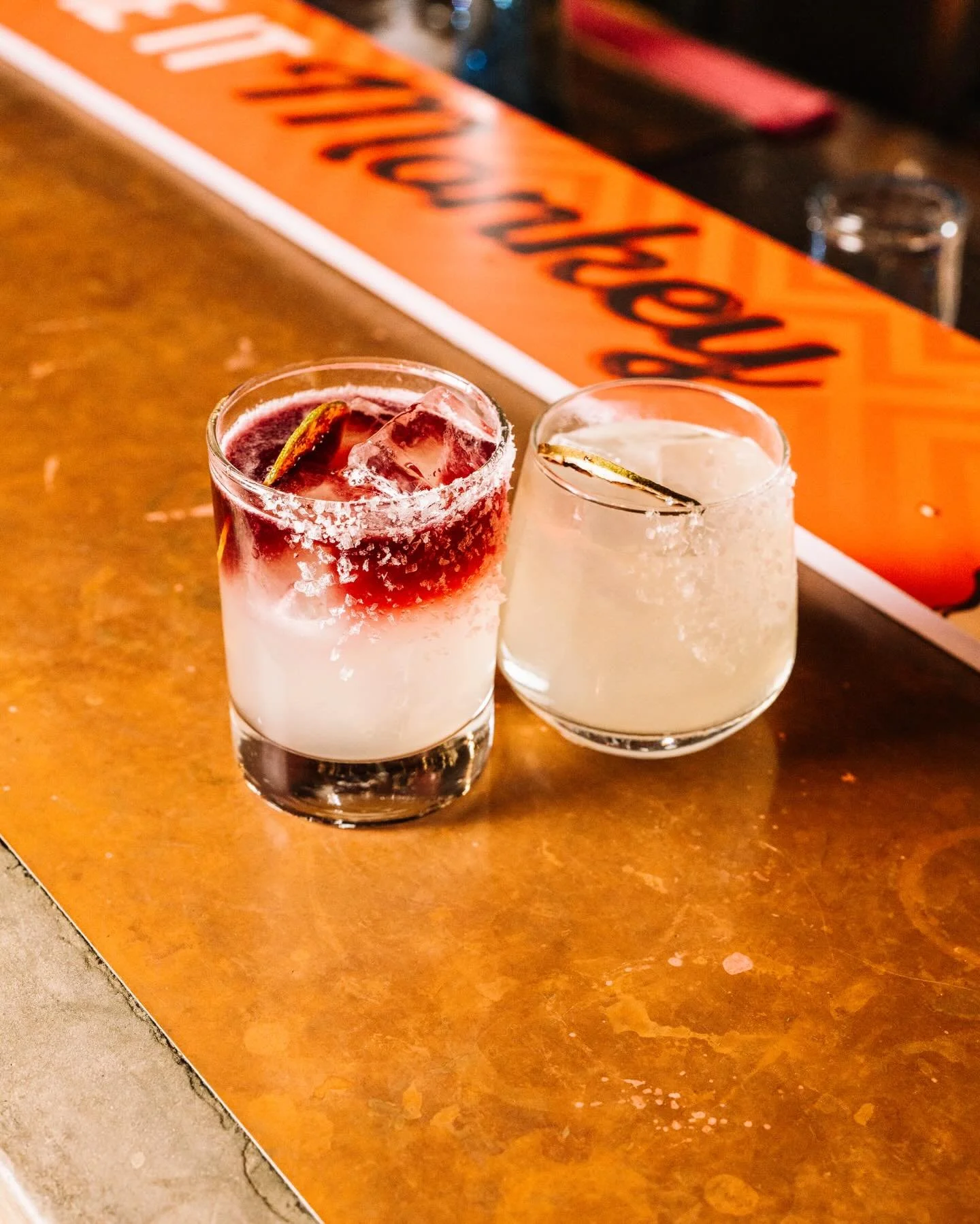 Classic.
Tequila, lime, Cointreau, agave. Salt rim.
or 
Devil&rsquo;s Margarita.
The usual suspects topped with red wine.