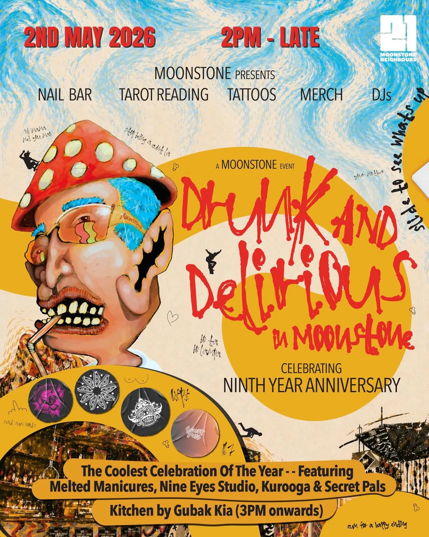 DRUNK &amp; DELIRIOUS IN MOONSTONE 

Celebrating our 9th Year Anniversary
(years of chaos, art, and nights that never really end)

We started with art, so we&rsquo;re bringing it all back

Melted Manicures ( @meltedmanicures ) &mdash; Flash Nail Bar 