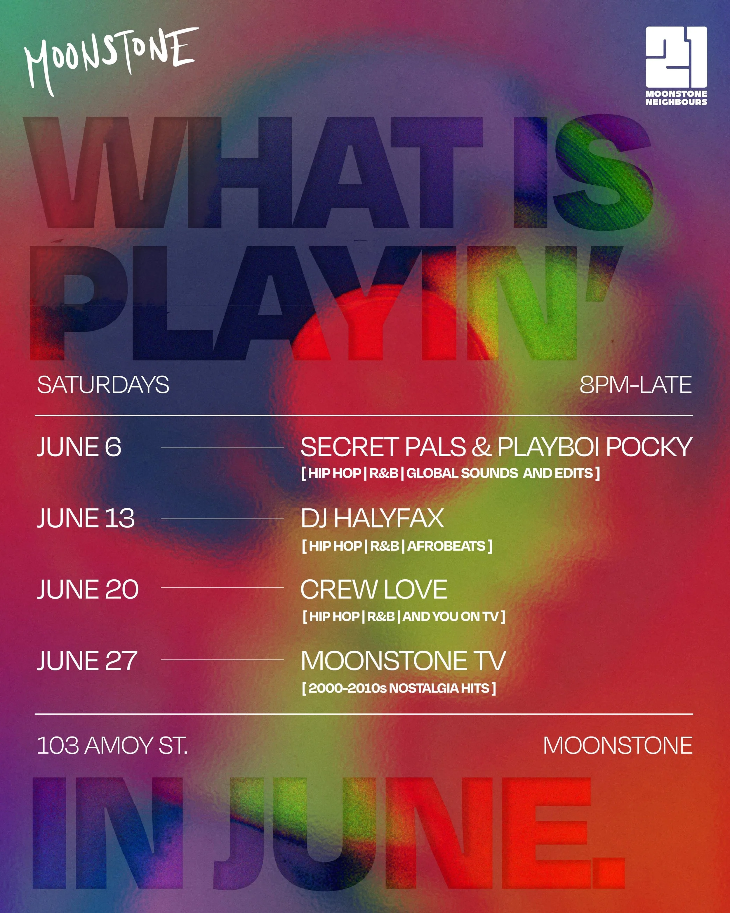 Plans for June?

We made some for you.

Hip-hop, R&amp;B, global edits, afrobeats, and enough throwbacks to make you question how 2010 was somehow 15 years ago.

Every Saturday, 8pm till late.

6 Jun &mdash; Secret Pals &amp; Playboi Pocky
13 Jun &md