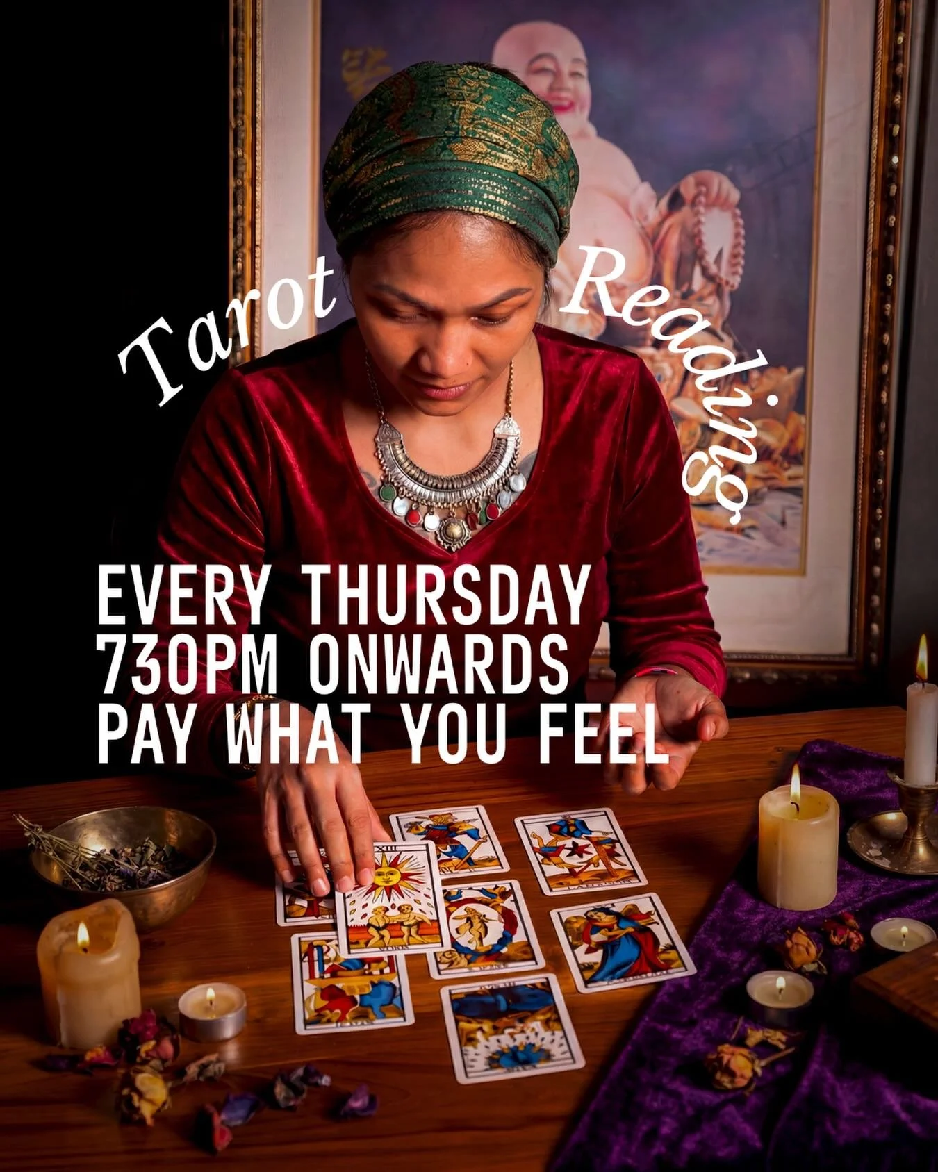 THE CARDS ARE NOW ON THE TABLE.

Starting this week, Sharon @purpledream.space will be at Moonstone every Thursday and/or Saturday night reading tarot for anyone curious enough to sit down.

Love.
Career.
Bad decisions.
Worse decisions.

Pay as you w