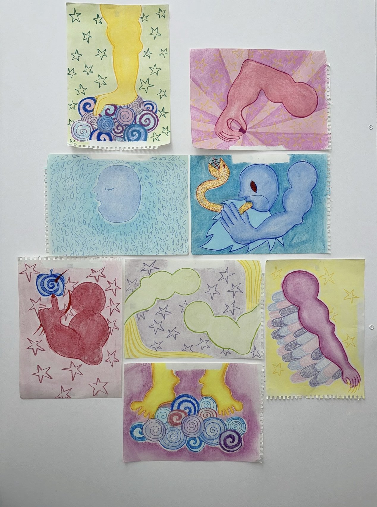 Puzzling back the pieces , dry pastel on paper, various sizes, 2024