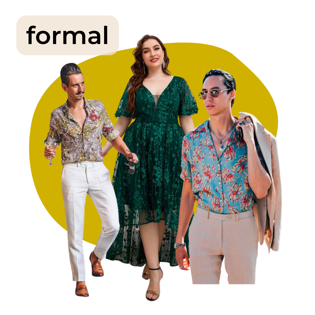 Tres personas vestidas con ropa formal de estilo veraniego, con fondos coloridos y la palabra 'formal' en la esquina superior izquierda.