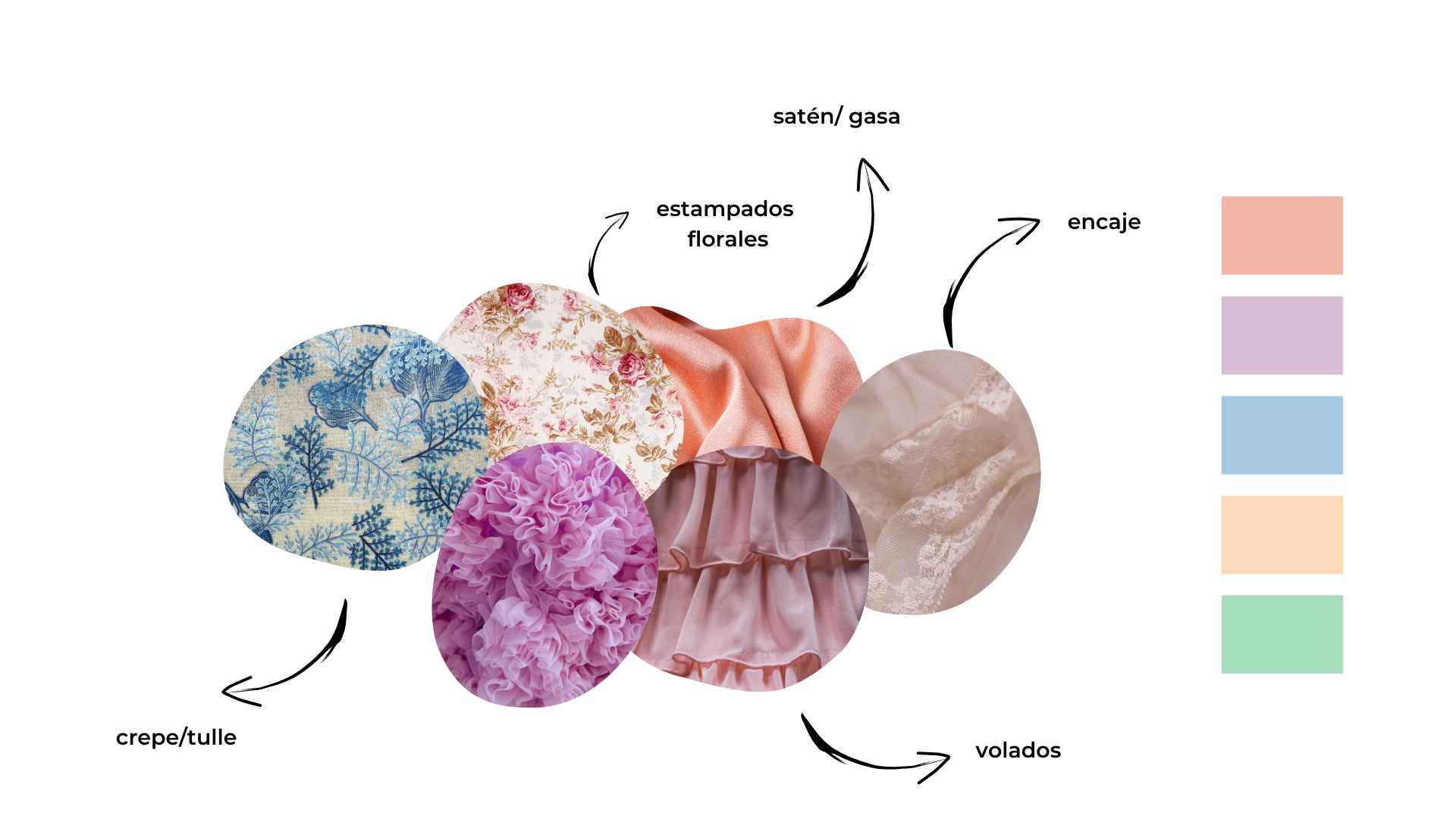 Conjunto de seis diferentes telas y encajes de diferentes colores y texturas.