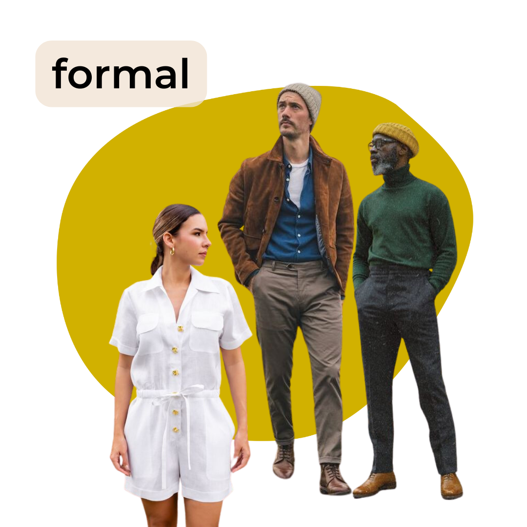 Tres personas con vestimenta formal de diferentes estilos, un fondo en color naranja y un cuadro con la palabra 'formal' en la esquina superior izquierda.