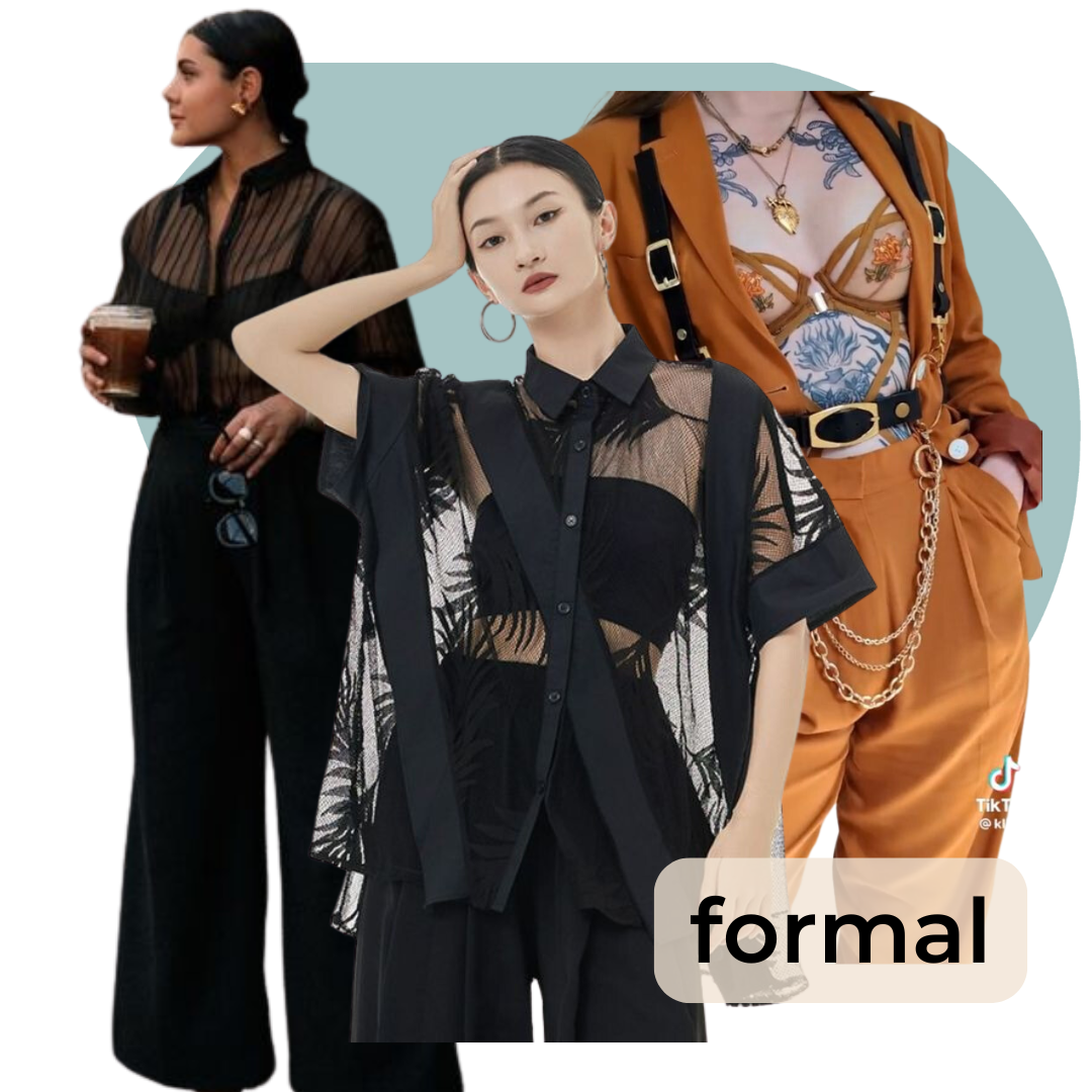 Tres mujeres con vestimenta formal en diferentes estilos, una con blusa de encaje negro, otra con pantalón anchos y blusa de manga larga, y otra con conjunto de chaqueta y pantalón de color naranja y accesorios dorados.