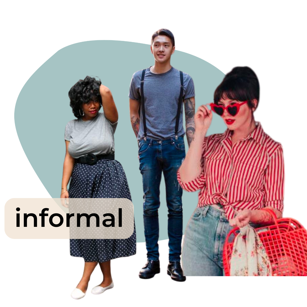 Tres personas con estilo informal, una mujer con vestido de lunares y cabello rizado oscuro, un hombre con camiseta gris y tatuajes, y otra mujer con camiseta a rayas y gafas de corazón rojas, sosteniendo una canasta roja.