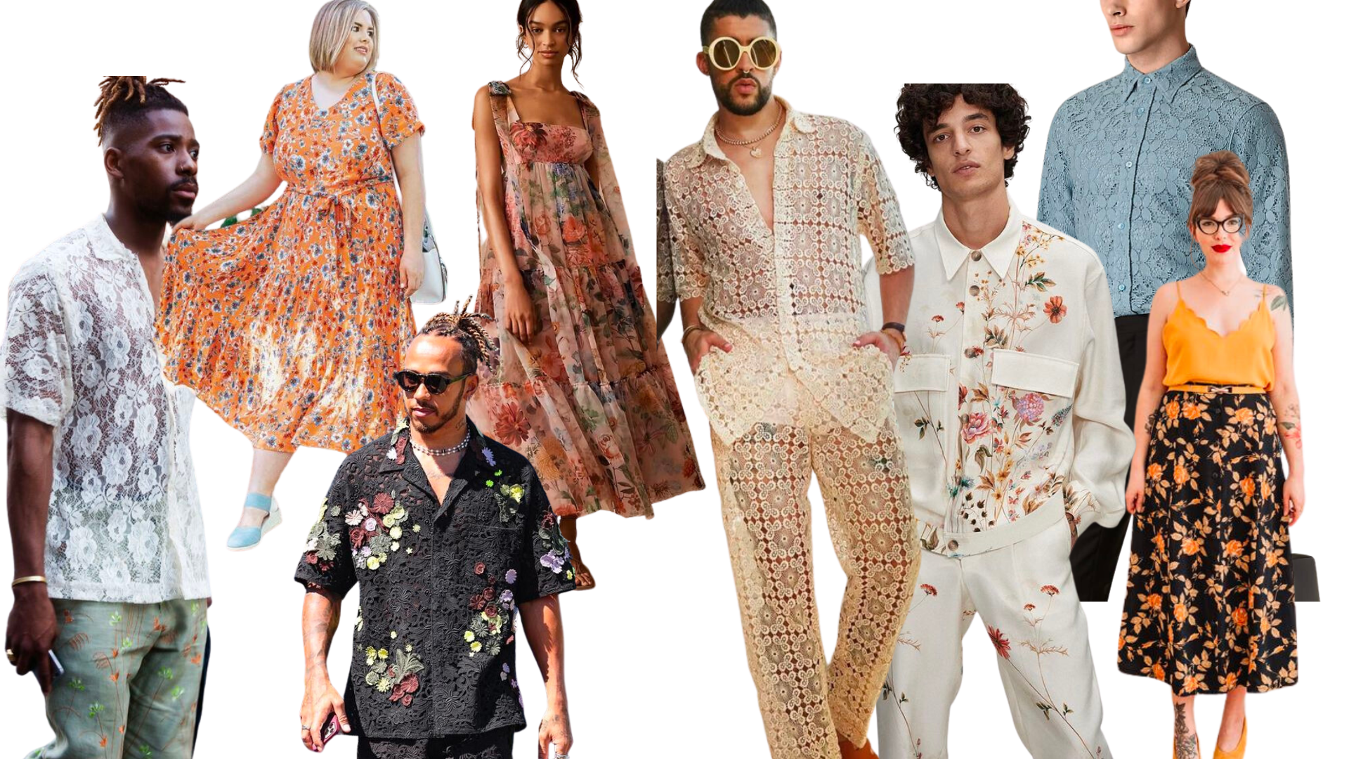 Grupo diverso de personas usando ropa de moda con estampados florales y de encaje, algunos con accesorios llamativos como gafas grandes y tatuajes, en un fondo neutro.