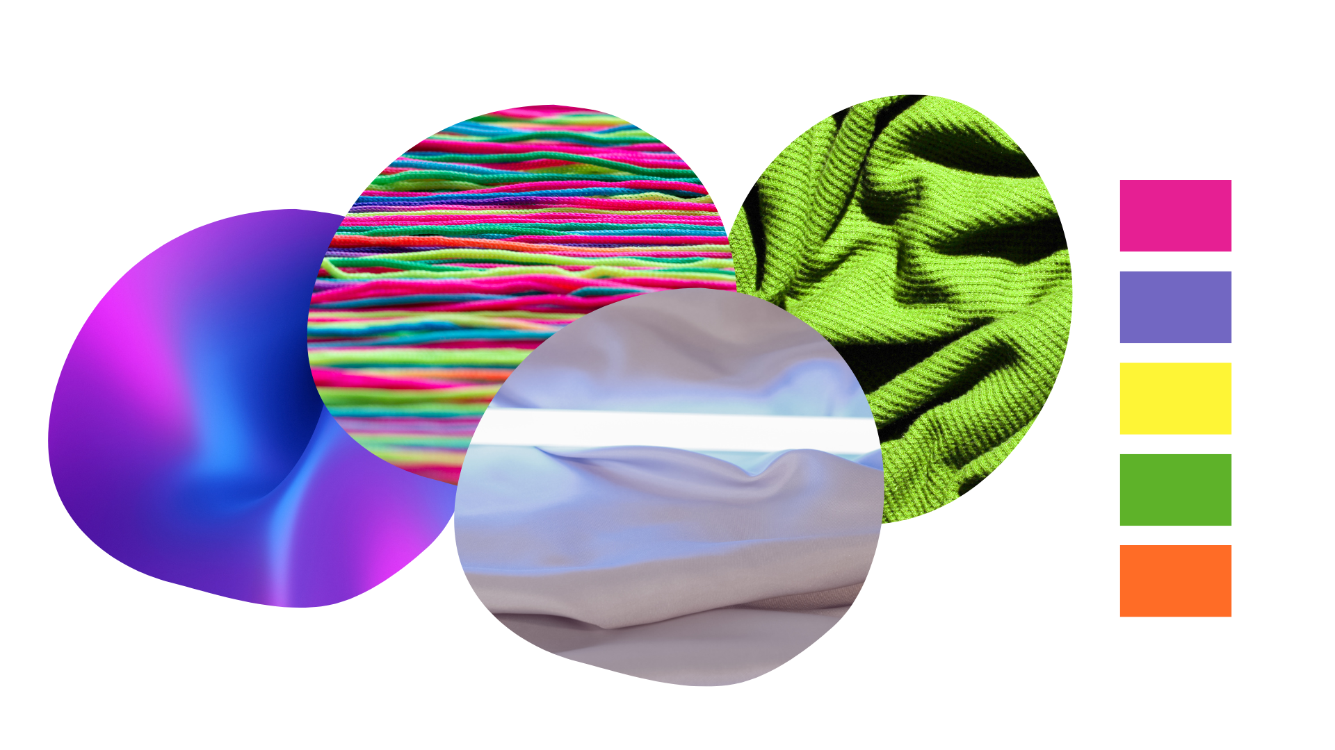 Imagen abstracta con formas y colores vibrantes, incluyendo curvas moradas, patrones de hilos coloridos y texturas de telas en verde y gris, con barras de colores en el lado derecho.