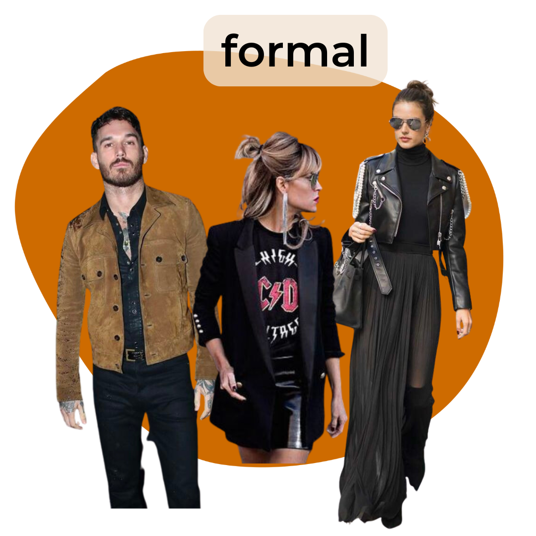 Tres personas vistiendo ropa formal de noche con estilo moderno y elegante, una mujer con gafas de sol y chaqueta de cuero, otra mujer con peinado alto y chaqueta negra, y un hombre con chaqueta de gamuza marrón.