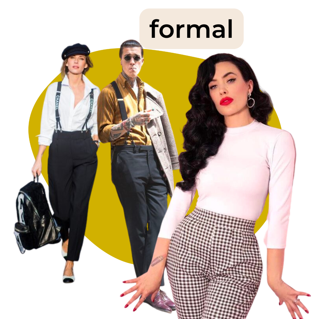 Grupo de personas con estilo formal de moda, incluyendo una mujer con cabello rizado y vestido blanco con pantalones de rayas y dos personas masculinas con ropa elegante, uno con gafas y otra con sombrero y bolso.