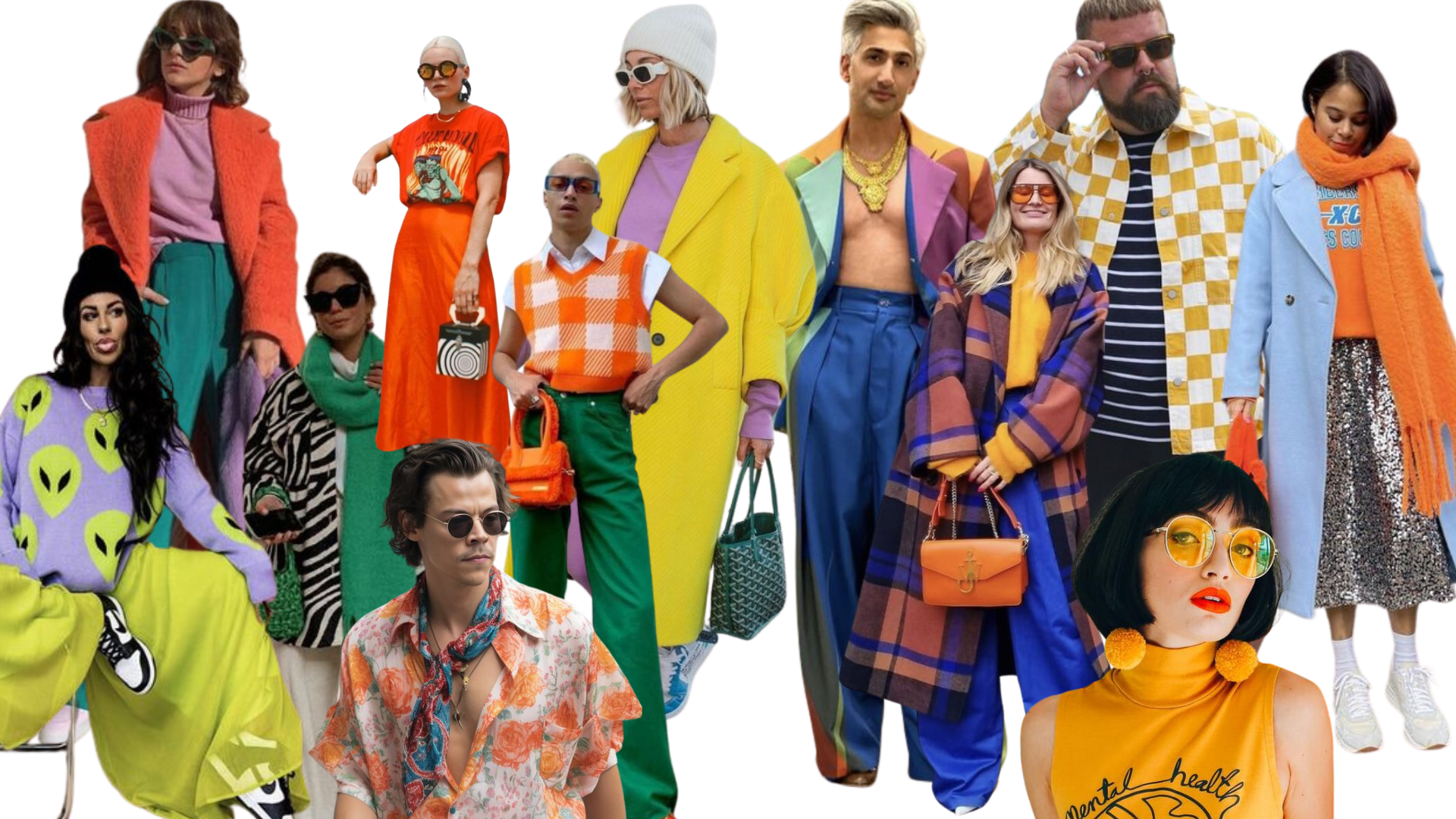 Diversas personas vistiendo ropa de colores brillantes y accesorios en un estilo moderno y atrevido.