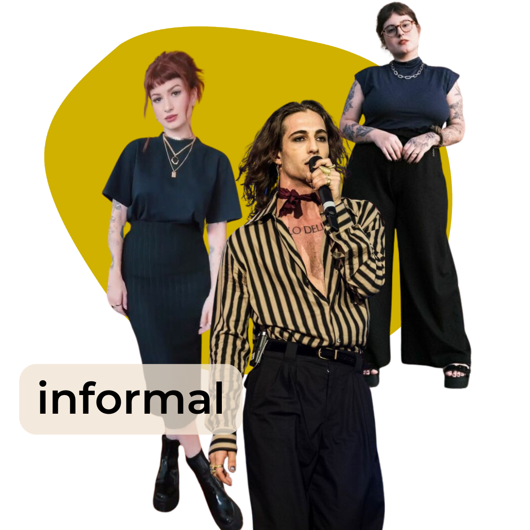 Un grupo de tres personas con estilo de moda alternativo en un fondo amarillo, una mujer con cabello rojo y ropa negra, otra mujer con cabello rizado y camisa a rayas, y otra mujer con gafas y tatuajes, en un estilo de moda casual e informal.