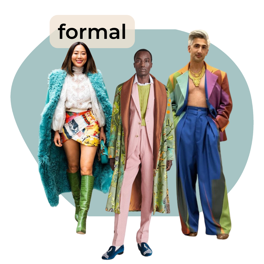 Tres personas vestidas con ropa formal y colores vibrantes, en estilo ecléctico y moderno.