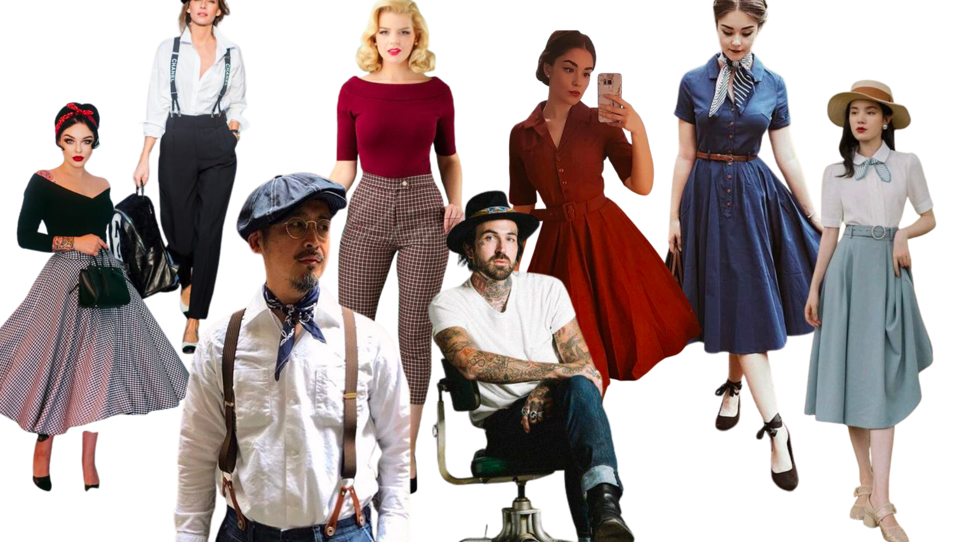 Varias personas con ropa de estilo vintage y moderno, incluyendo vestidos, camisas, pantalones, accesorios como sombreros y bolsos, algunos posando y tomando selfies.