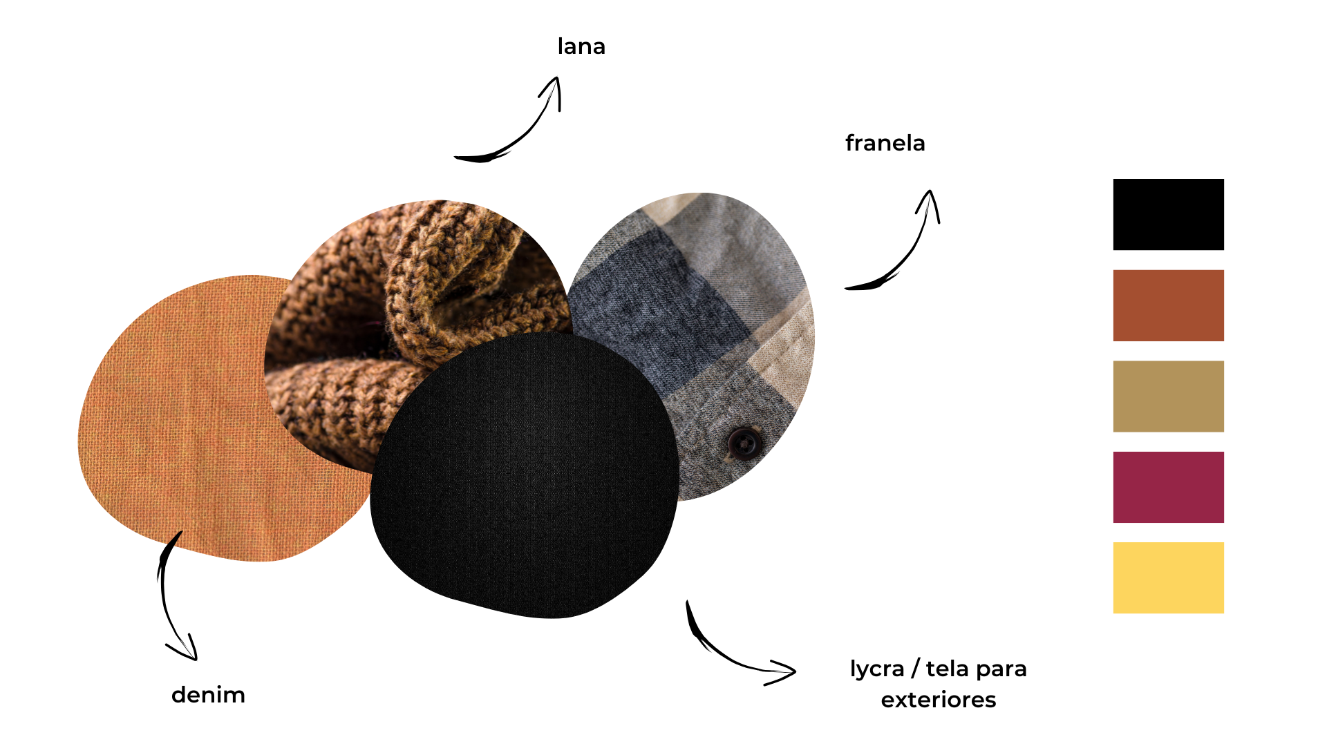 Colección de diferentes tejidos y texturas en colores neutros y cálidos.