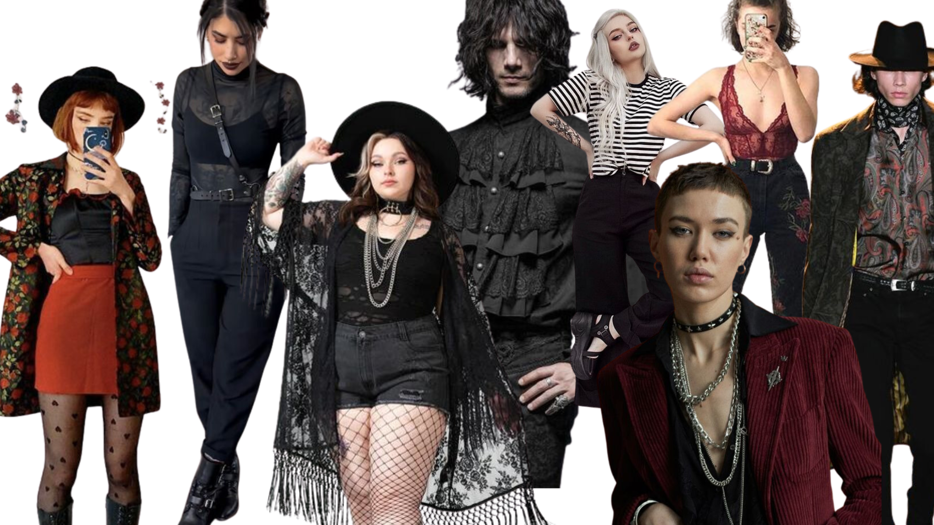 Grupo de personas con estilo gótico y punk, vistiendo ropa negra, con accesorios de cadenas y sombreros, algunas usan maquillaje oscuro y peinados con estilo alternativo