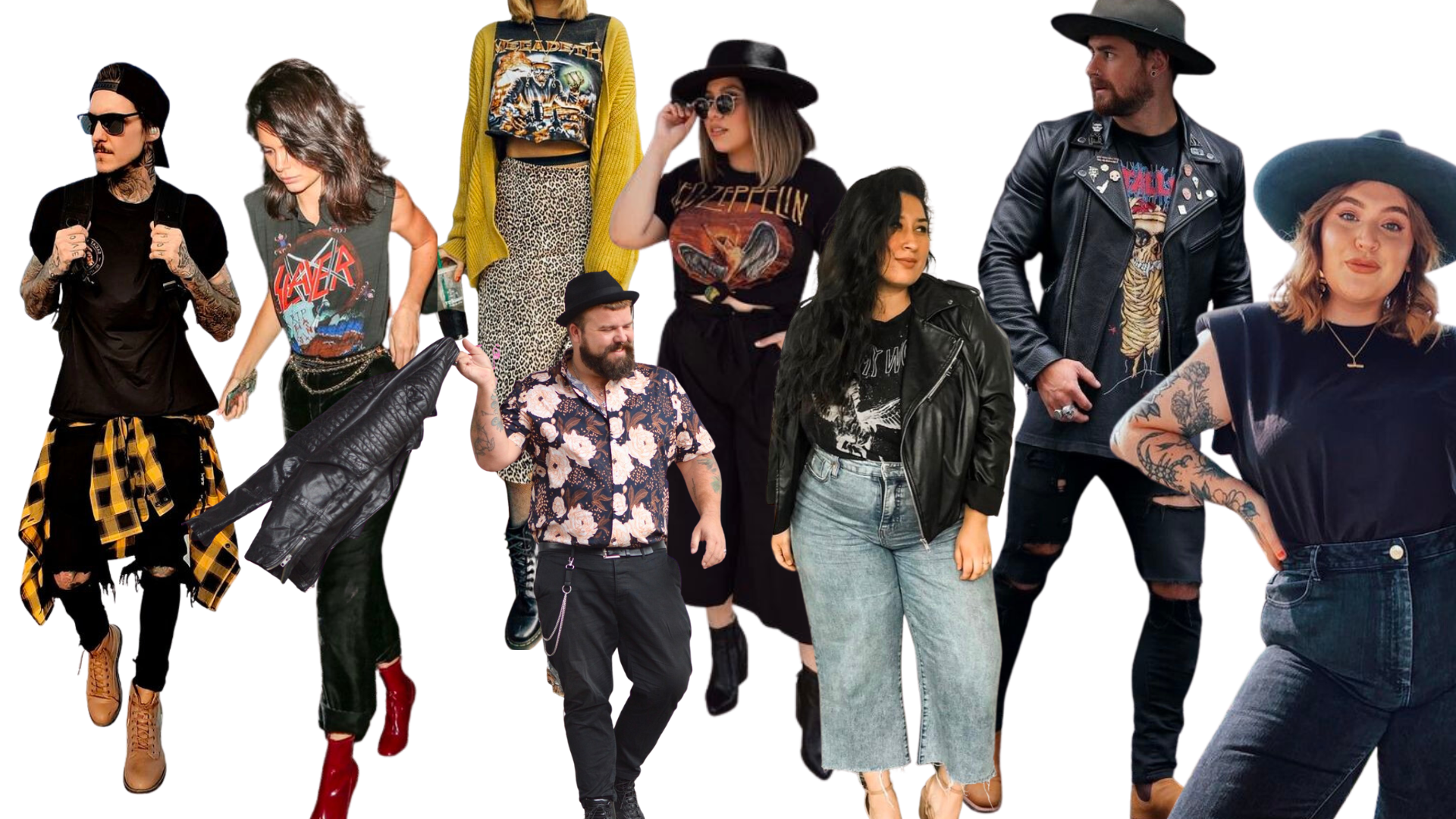 Grupo de personas con estilo de moda urbano y rock, vistiendo ropa moderna y accesorios como sombreros, gafas y tatuajes.
