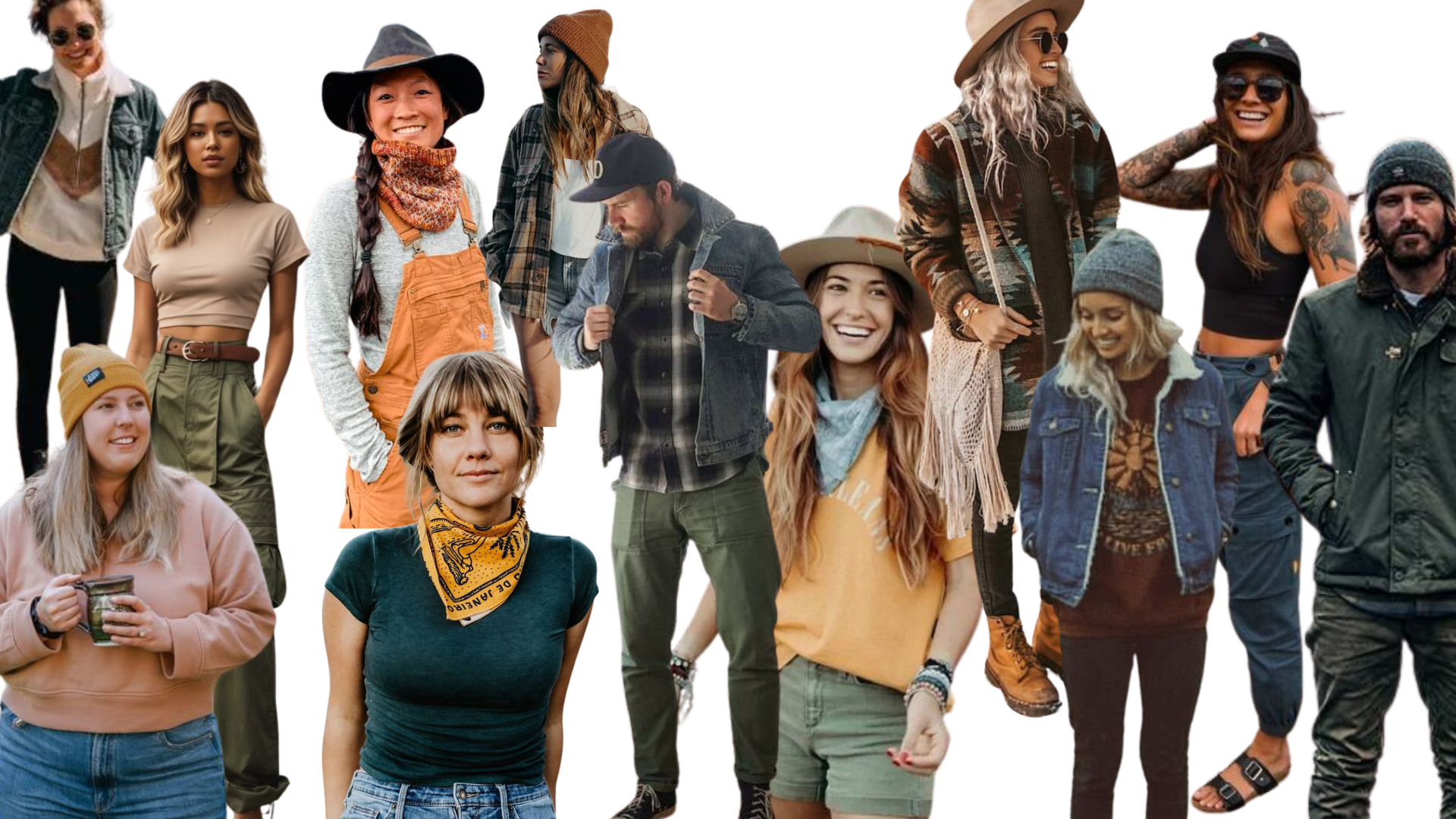 Grupo de personas, hombres y mujeres, con atuendos casuales y ropa de exterior, en un entorno al aire libre, sonriendo y disfrutando del día.